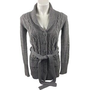 CDC Women Small Gray Cableknit Sweater Button Front Tie Mid Length